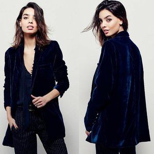 Free People Yesterday's Muse Velvet Jacket Blazer in Green/Blue | Size L